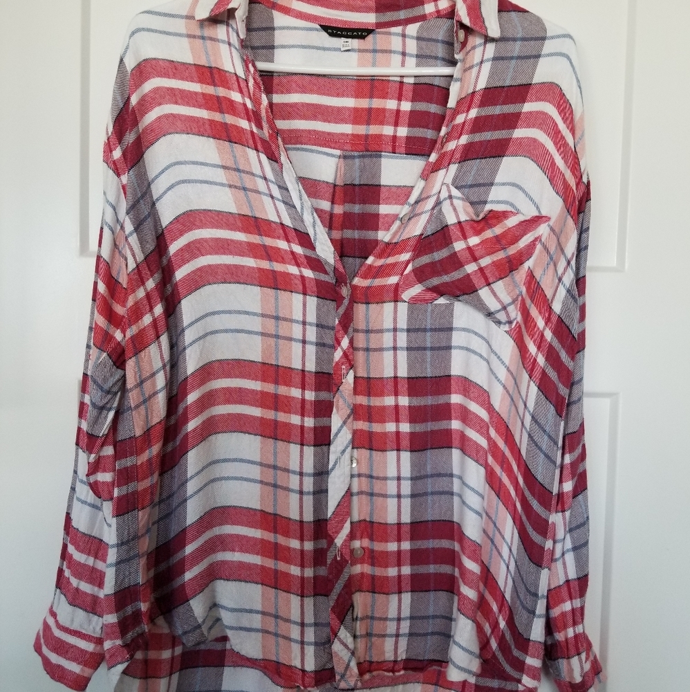 Red and white button up plaid flannel